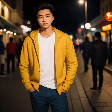 raw photo, a portrait photo of 25 y.o man in casual clothes, night, city street, (high detailed skin:1.2), 8k uhd, dslr, soft li...