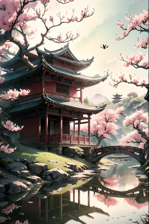 cinematic lighting，peach blossom tree, wood bridges,tree house,lawns
，aquarelle，ancient chinese style，arched bridge，beautiful an...