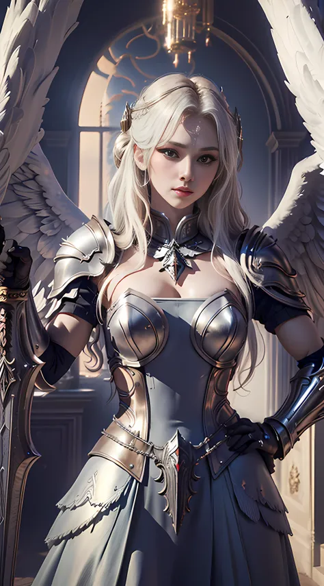 ((best quality)), ((masterpiece)), (detailed),1girll,solo,full bodyesbian , valkyrie,angel,valkyrie armor,angel wings,winged hel...