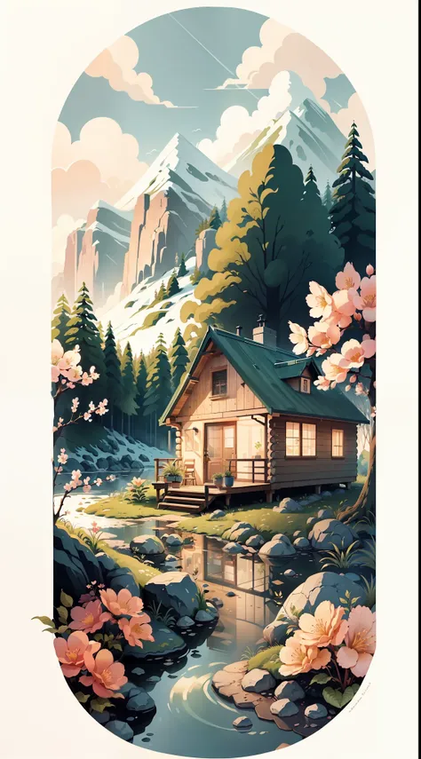 spring in!peach blossoms bloom，arcadia，wooden cabin，small stream，mobile wallpaper illustration,nature views, minimalist illustra...