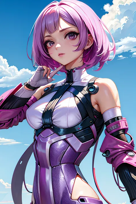 short detailed hair、pale purple hair、pink white eyes、shift dresses、black glove、face markings、（robotic arm）、cyber punk perssonage...