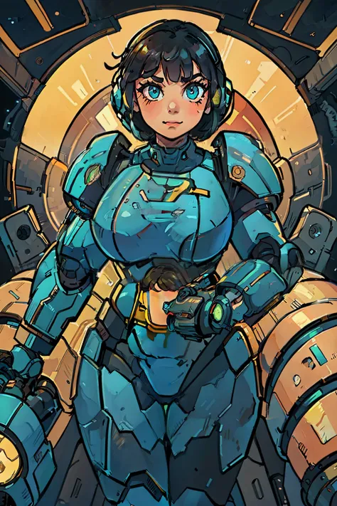 heroic woman wielding large pistol, handgun, pistol, gun, sexy, professional artwork, detailed eyes, beautiful eyes, beautiful face, flawless face, gorgeous face, smooth features, large breasts, blush, thick thighs, beautifully detailed background, chubby,...