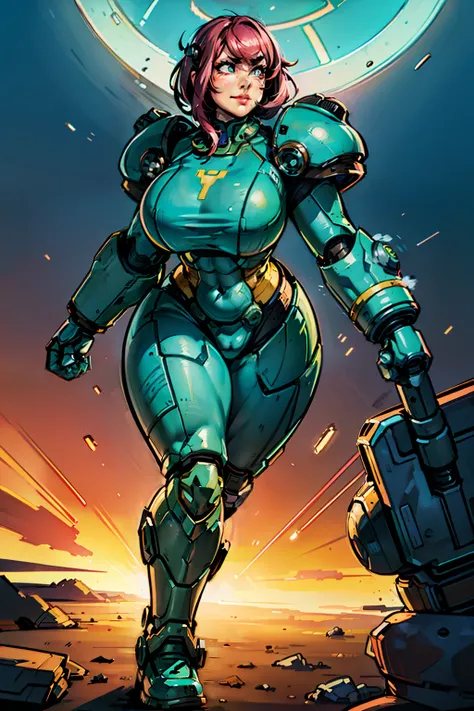 heroic woman wielding large pistol, handgun, pistol, gun, sexy, professional artwork, detailed eyes, beautiful eyes, beautiful face, flawless face, gorgeous face, smooth features, large breasts, blush, thick thighs, beautifully detailed background, chubby,...