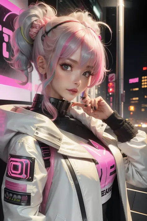 lucy (cyberpunk), 1girl, hair scrunchie, hime cut, silver hair, colored tips, full moon, grey eyes, jacket, long sleeves, looking at viewer, Medium hair, O cabelo multicolorido, Bangs separated, lips parted, A pink-haired, portrait, Red eyeliner, Redlip, s...