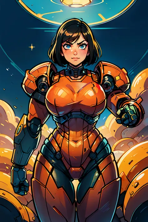 heroic woman wielding large pistol, handgun, pistol, gun, sexy, professional artwork, detailed eyes, beautiful eyes, beautiful face, flawless face, gorgeous face, smooth features, large breasts, blush, thick thighs, beautifully detailed background, chubby,...