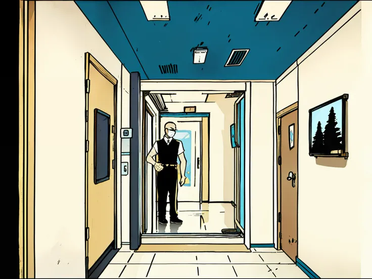 An elevator interior,Advertising paintings hang on the walls,A man hangs from the ceiling, Claustrophobic room, weird camera angle, stickfigure,Card ventilation