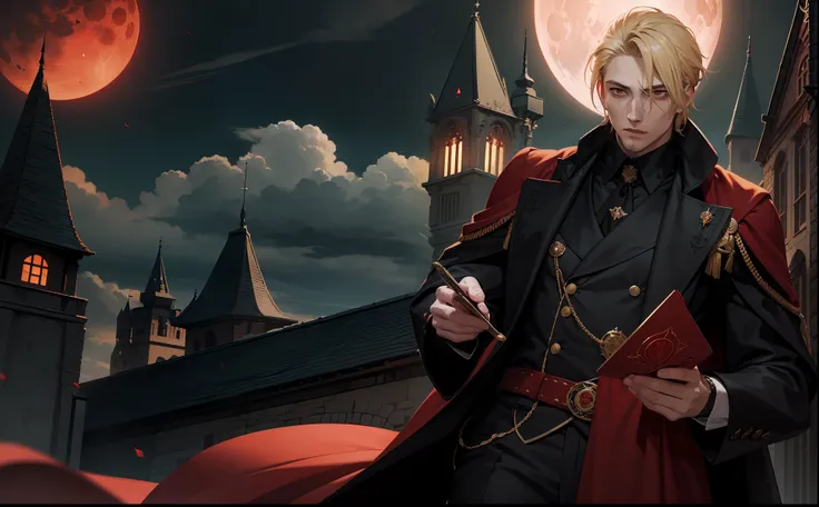 a 29-year-old man, a vampire king with blonde hair and red eyes, he wears a brown robe and black outfit with red. (senarius a bl...