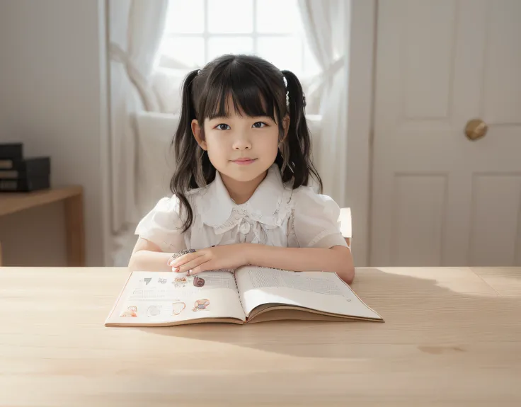 inside the white study，little girl reading，black hair，manga book，place one hand on the other，an open book，a natural hand，creamy ...