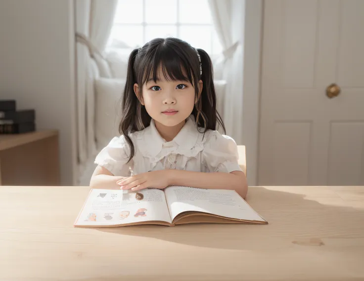 inside the white study，little girl reading，black hair，manga book，place one hand on the other，an open book，a natural hand，creamy ...