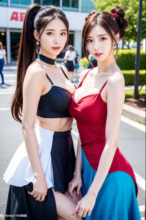 (realistic:1.2),duo,two women in costume taking selfies on the street,colorful pigtail, anime cosplaying, 18yo girls, sexy outfi...