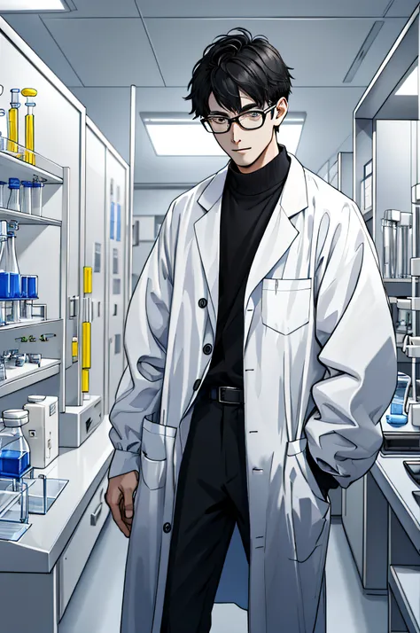 "draw a tall young physicist，wear a lab coat，stood in a lab，focus on scientific experiments with experimental bottles。"