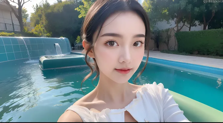 (High-resolution 8K raw photos are realistic,best qualtiy,),Stylish long-sleeved off-the-shoulder top,Mini water pattern skirt,(half-body shots,Close-up),Brown hair,Skinny and small,beautidful eyes,Super detailed face,Beautiful woman,tight-fitting,Big brea...