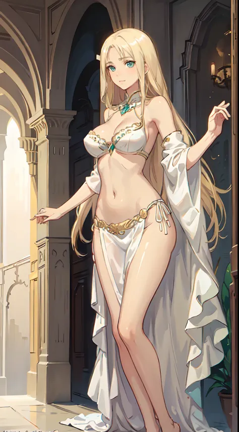 blonde hair, long hair, green eyes, with slender legs and an enticing beach pose, wearing a elegant white gown that shows off he...