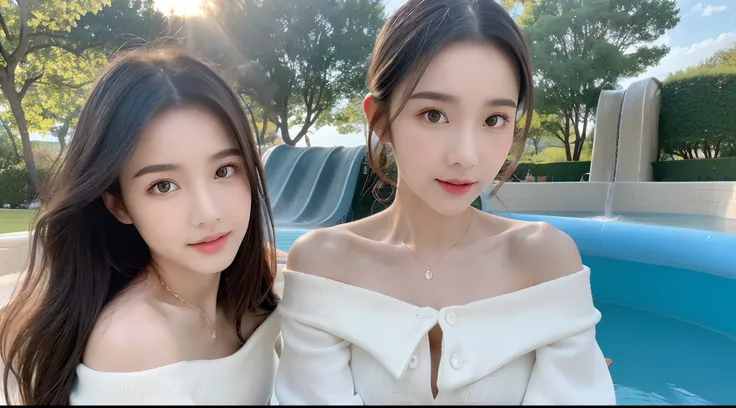 (High-resolution 8K raw photos are realistic,best qualtiy,),Stylish long-sleeved off-the-shoulder top,Mini water pattern skirt,(half-body shots,Close-up),Brown hair,Skinny and small,beautidful eyes,Super detailed face,Beautiful woman,tight-fitting,Big brea...