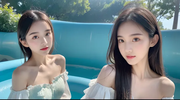 (High-resolution 8K raw photos are realistic,best qualtiy,),Stylish long-sleeved off-the-shoulder top,Mini water pattern skirt,(half-body shots,Close-up),Brown hair,Skinny and small,beautidful eyes,Super detailed face,Beautiful woman,tight-fitting,Big brea...