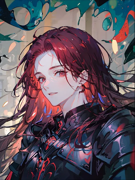 tmasterpiece, beste-qualit, 独奏, 1boy, long red hair, dark eyes, gloomy armor, portraite of a, bloods, ssmile