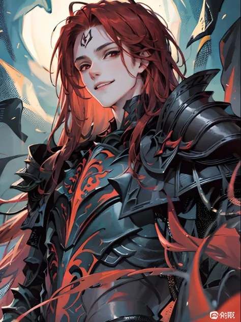 tmasterpiece, beste-qualit, 独奏, 1boy, long red hair, dark eyes, gloomy armor, portraite of a, bloods, ssmile