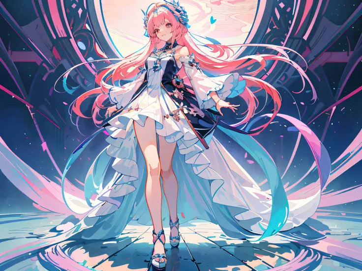 anime girl in white dress，long pink hair and a sword, digital art on pixiv, trending on artstation pixiv, cute anime waifu in a ...