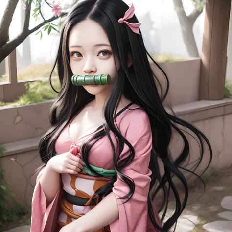 anime girl with long black hair and a pink dress holding a knife, nezuko-chan, nezuko, onmyoji portrait, demon slayer rui fanart...