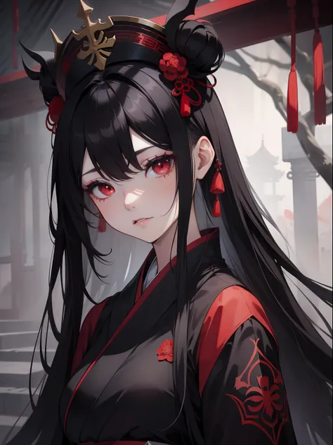 (Masterpiece, Best Quality, Ultra High Resolution), 1 Girl,black hair, red eyes, bright eyes, black hanfu, beautiful and detailed face, detailed eyes,in a chinese palace,((gray theme)),((creepy atmosphere))