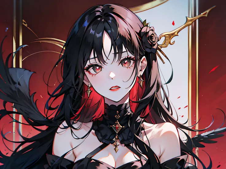 1 girl, royal sister style, black long hair, black dress, black pupils, beautiful face, red lips, high-end feeling, noble,death ...