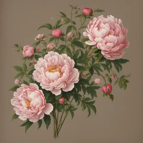 (beste-qualit: 1.2), (detailed: 1.2), (tmasterpiece: 1.2), vintage botanical illustrations of peonies pink, bouquet  (1770-1775)...