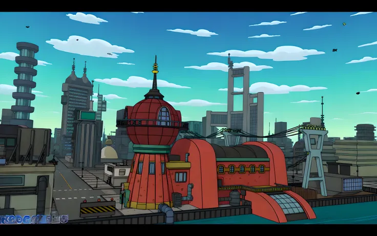 cartoon image of a red building with a tower in the middle of a city, background jet ground radio, futurama, estilo anime citysc...