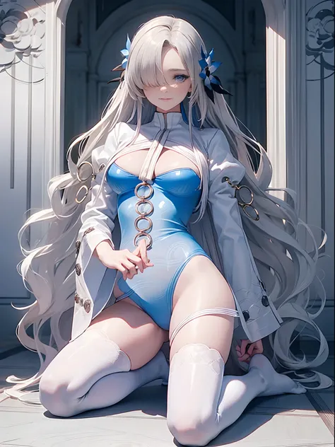 (Enrich the picture,Masterpiece level quality)Beautiful 8K CG artwork,Goddess-like posture,Kneeling exercise,Slim and soft,Translucent skin,White hair、The beauty of extra-long hair, Super Long Straight Hair,The skin is fair and juicy,Underwear uniforms,Per...