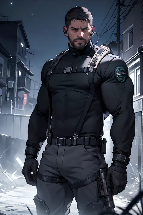 dark gothic village in the background, ((old)) chris redfield from resident evil 8, 48 year old, muscular male, tall and hunk, b...