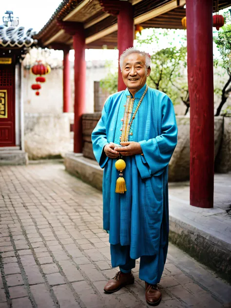 raw photos，an old man in a zhongshan suit holds a buddhist bead，the background is a chinese-style courtyard，half-body photo，（hig...