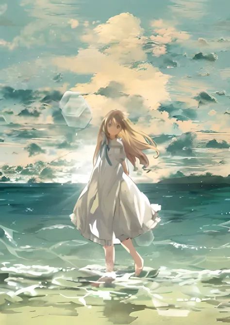 Menina sorrindo divertida anime andando na praia em um vestido branco, Anime girl walking on water, ( ( Makoto Shinkai ) ), Mar Azul. Por Makoto Shinkai, Makoto Shinkai!!, Makoto Shinkai!, Estilo Makoto Shinkai, anime. Por Makoto Shinkai, tempo tempestuoso...