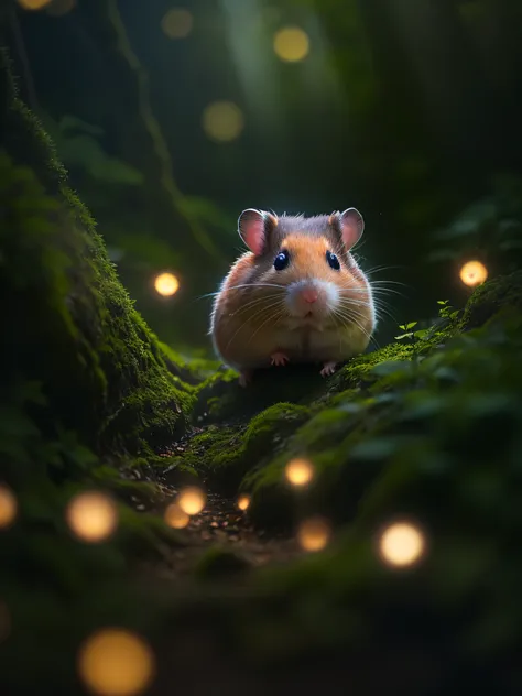 close up photo of a hamster in an enchanting forest、deep in the night、in woods、back lighting、fireflys、volumetric fog、the halo、bl...