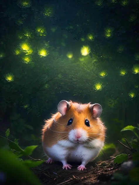 close up photo of a hamster in an enchanting forest、deep in the night、in woods、back lighting、fireflys、volumetric fog、the halo、bl...