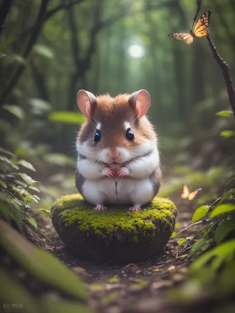 close up photo of a hamster in an enchanting forest、deep in the night、in woods、back lighting、fireflys、volumetric fog、the halo、bl...