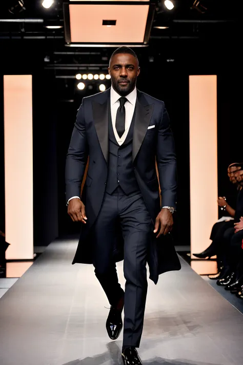 masterpiece, dslr photo, analog style, nikon d5, real photo, a (medium shot:1.3) photo of idris elba walking on a fashion show r...