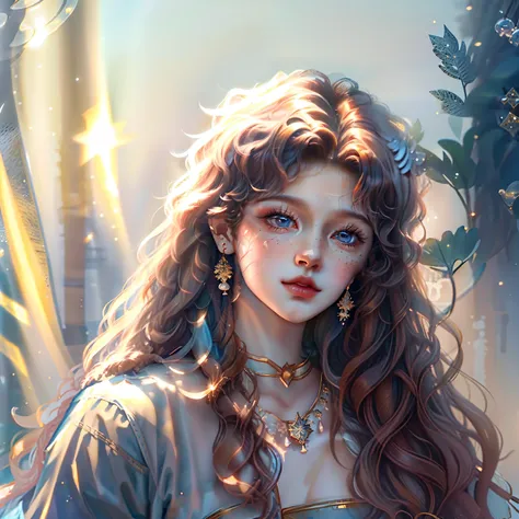 Dark brown curly hair,juvenile sense,Golden eyes,lovely boy,Handsome,Dog relationship boyfriend,Super handsome,facial closeups,watered eyes,dream magical,white backgrounid,Cloud fog,light blue blouse,with light glowing,Maple leaf big tree background,Golden...