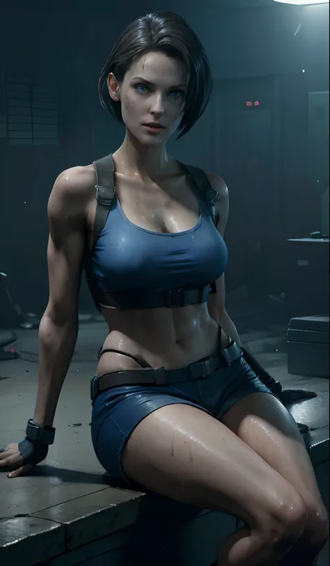 jill valentine from resident evil series clothes, standing, sitting, sexy beautiful face, doe shape eyes, full lips. slim body, ...