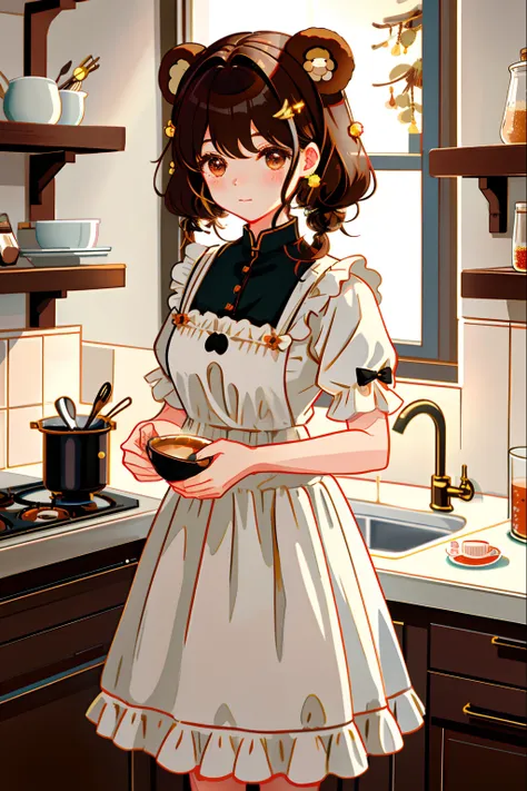 the character：the nursery rhyme wears a cute bear hair ornament，stand in front of the kitchen counter，spoon in hand，prepared wit...