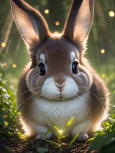 close up photo of a rabbit in enchanted forest, late night, in the forest, backlight, fireflies, volumetric fog, halo, bloom, dr...