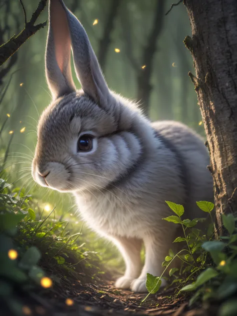 close up photo of a rabbit in enchanted forest, late night, in the forest, backlight, fireflies, volumetric fog, halo, bloom, dr...