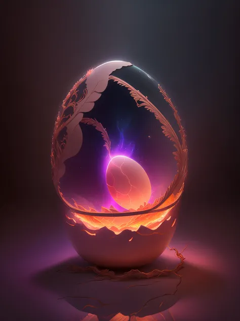 efecto shatter en after effects,,soft 3d opaque ornate intricately carved ivory glowing cracked broken shell egg in a dimly lit ...