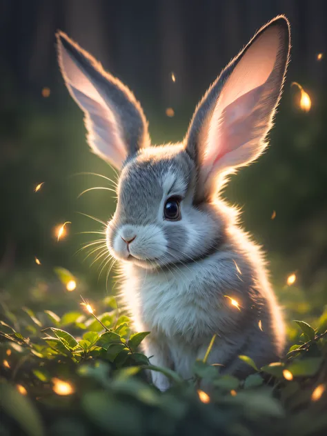 close up photo of a rabbit in an enchanted forest, nighttime, fireflies, volumetric fog, halation, bloom, dramatic atmosphere, c...