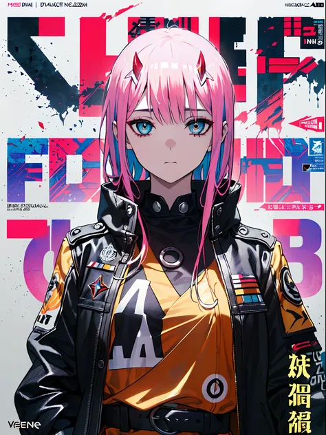 ((((dramatic)))、(((gritty)))、(((vehement))), zero two, movie poster featuring a young woman as the main character。she stands con...