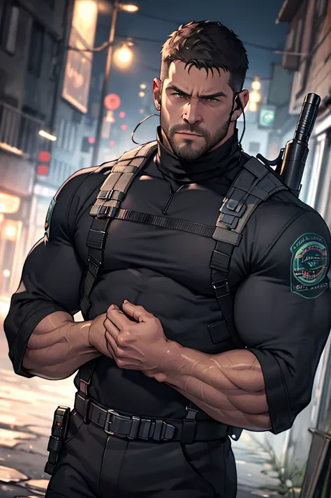 dark gothic village in the background, old chris redfield from resident evil 8, 48 year old, muscular male, tall and hunk, bicep...