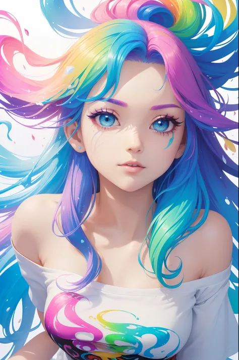 （pink fashion t-shirt：1.9），(colorful hair: 1.8), (all the colours of the rainbow: 1.8),(((((vertical painting：1.6))), （painting：...