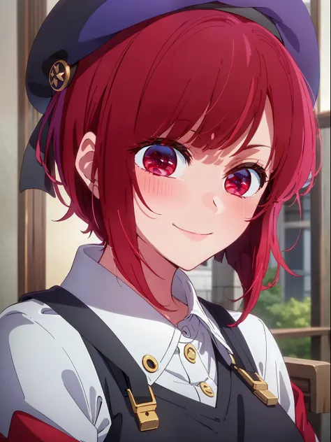 ​masterpiece、ighly detailed、(1 girl in:1.2)、red hair、learn uniforms、big eye、a closeup、a smile、8k、short-hair、beret、(((anime style...