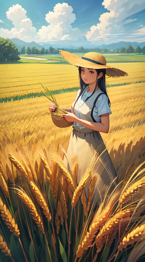 wheat field, a farmer uncle with a straw hat standing in a wheat field, big clouds, blue sky, rice field, neat rice seedlings in...