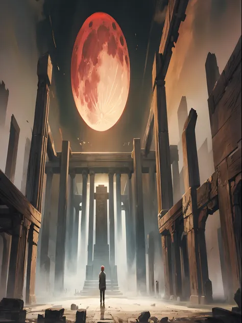 design sense，blood moon，heavy fog，temple ruins，a throne