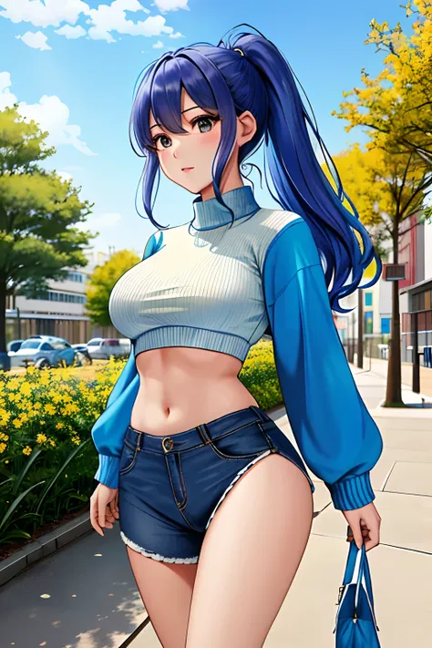 pedestrian walkway， 城市， blue-sky， from below， under boobs， woman， cropped-fc，，， btpt-fc， cropped sweater， gnome， sweaters， 1girl...