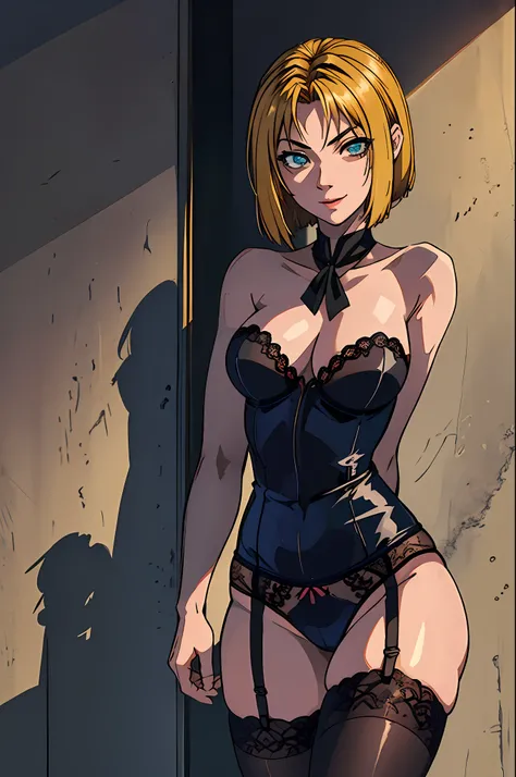 Bible black, Reika Kitami, short blond hair, stockings with garter belts, mischievous face, extremely detailed face and eyes, office background, absurdes, beautiful shadow and dim lighting